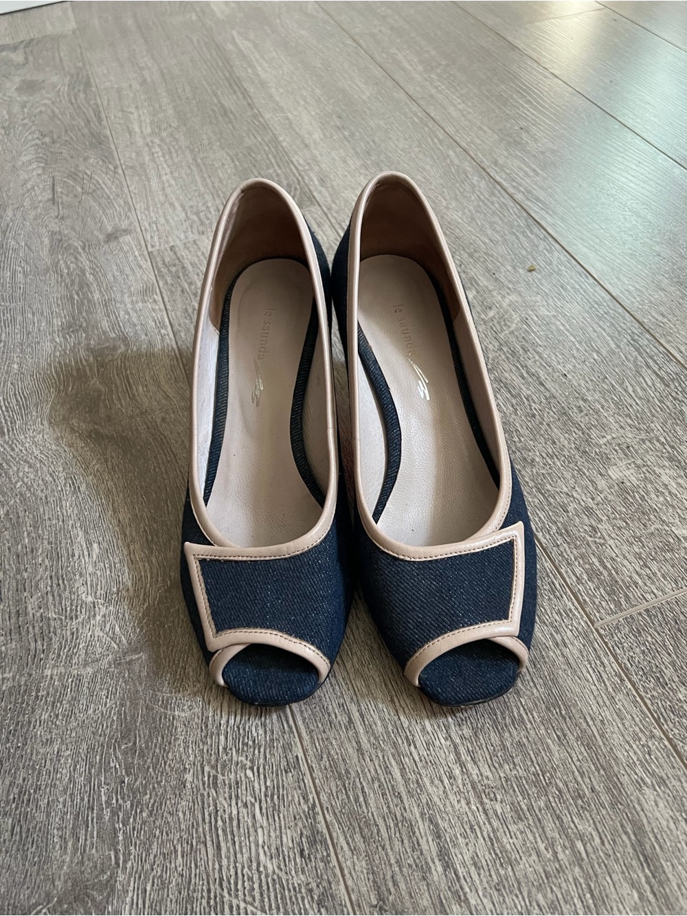 Leather, Navy Peep-Toe Heels with Beige Trim, bright pink bottom